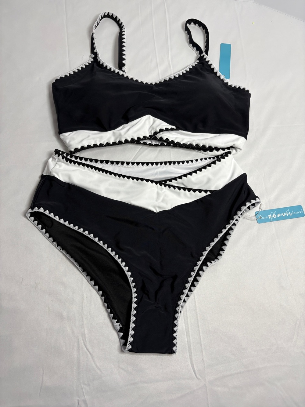 Popvil 2 Pc Bikini Contrast Black White M Highwaisted Clam Shell Swimsuit NWT